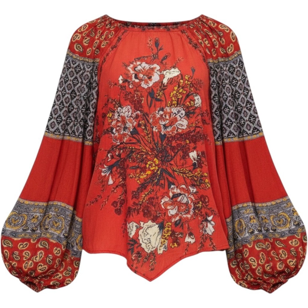 Free People Mixed Print Boho Floral Paisley Balloon Sleeve Blouse